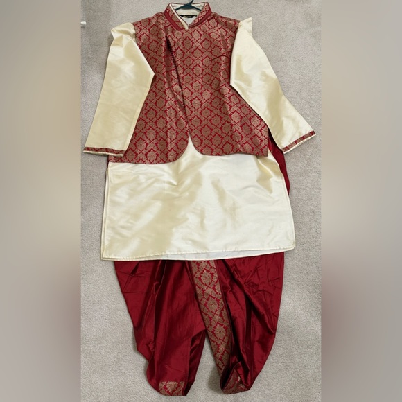 Red and Gold Dhoti Style Sherwani - Picture 1 of 4